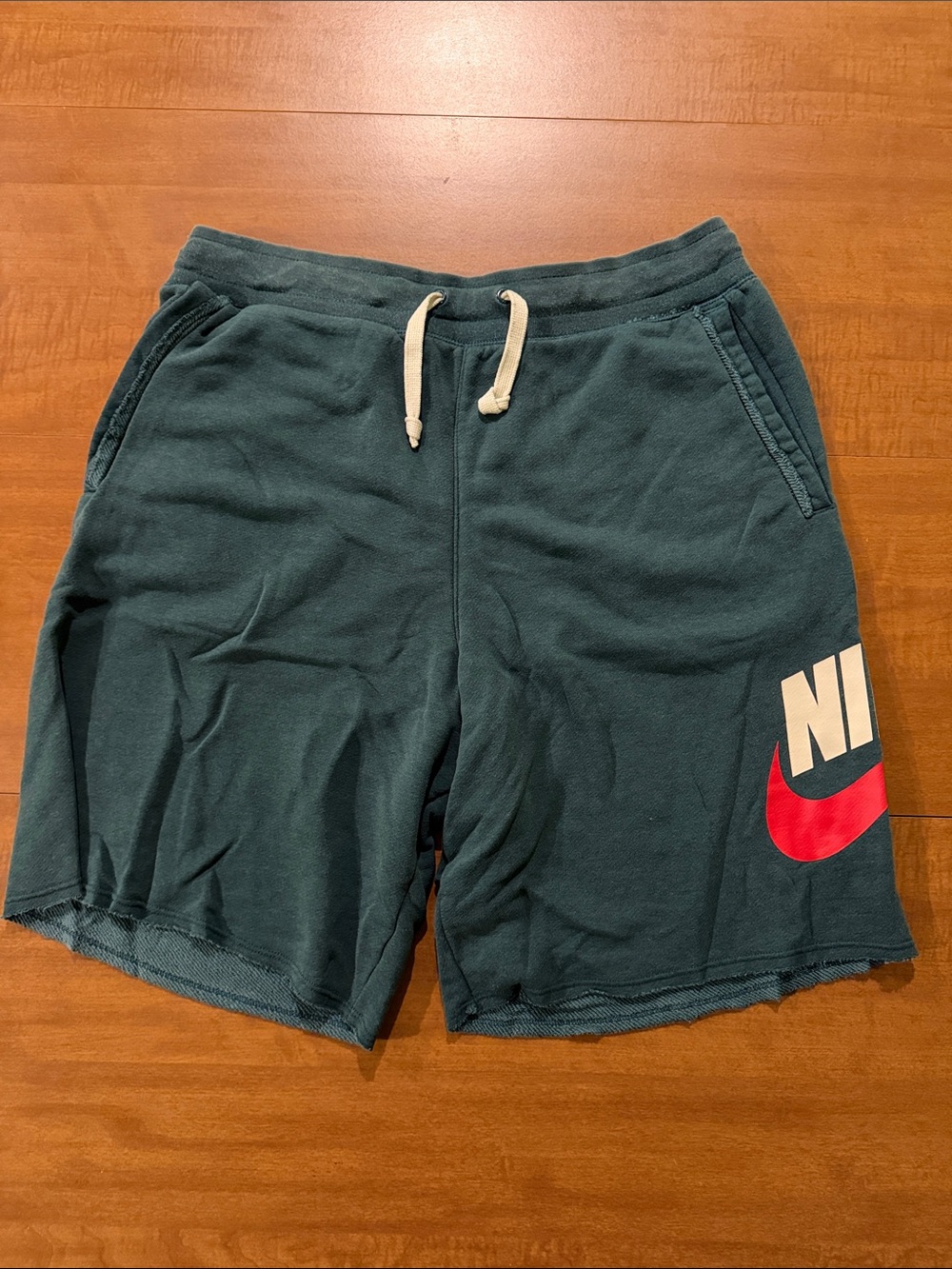 Nike Dark Teal Athletic Shorts with Red Swoosh